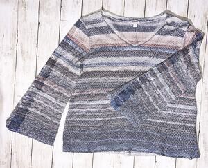 Avenue Striped Knit V-Neck Flared Sleeve Sweater 14/16